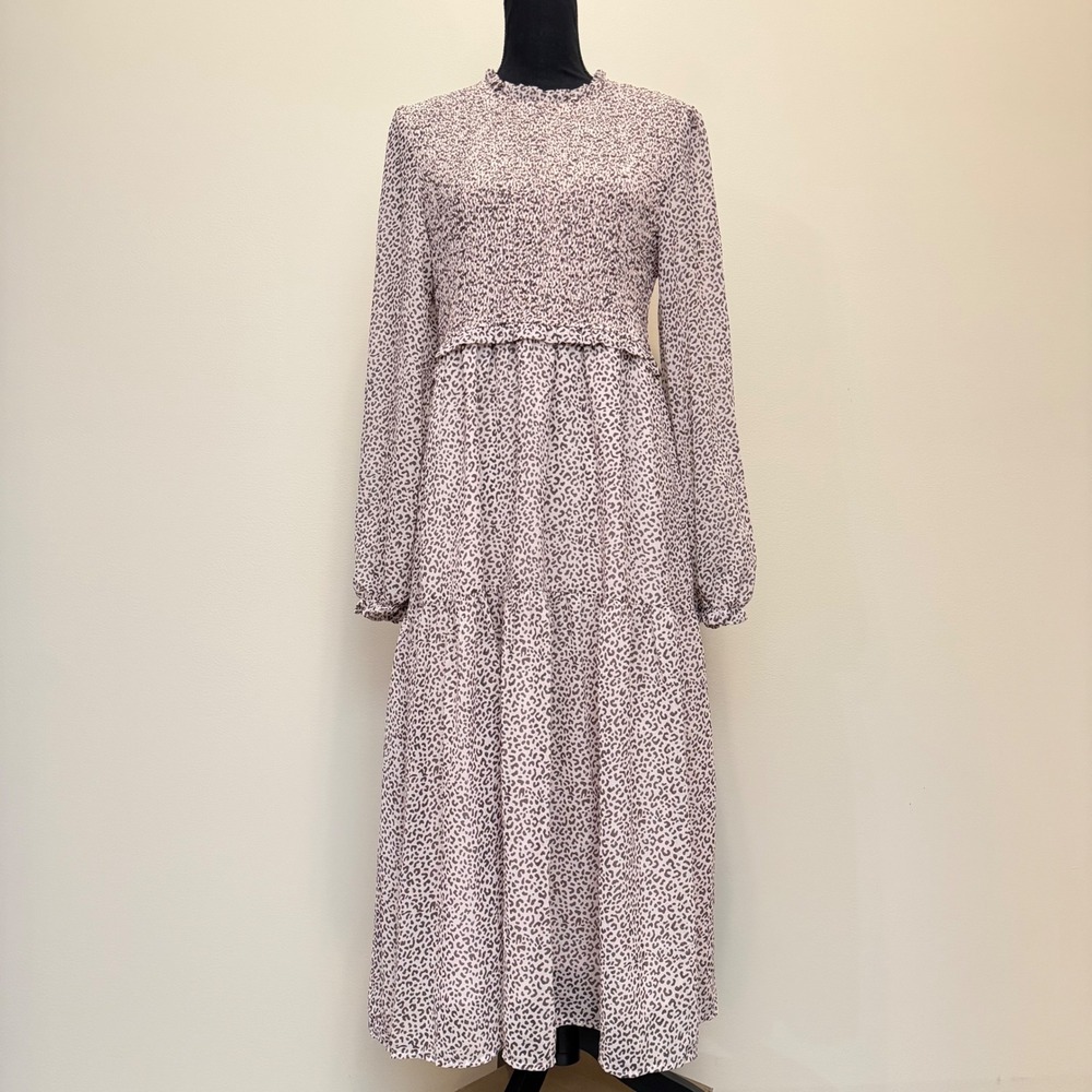 Leopard Animal Print Smocked Midi Dress Pink Brown Tiered Long Sleeve Womens XL